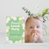 Peace Liebe & Party Green Foto 1. Geburtstag Einladung (Stehend Vorderseite)