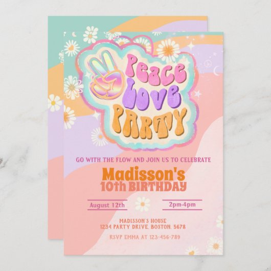 Peace Liebe Party Groovy Einladung (Vorne/Hinten)