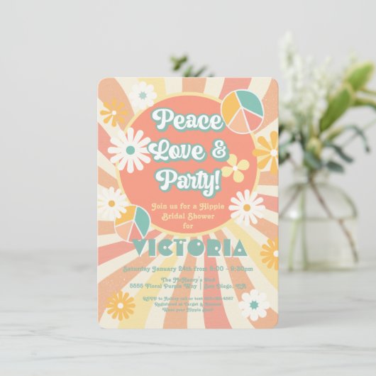 Peace Liebe & Party Hippie Party Einladung (Stehend Vorderseite)