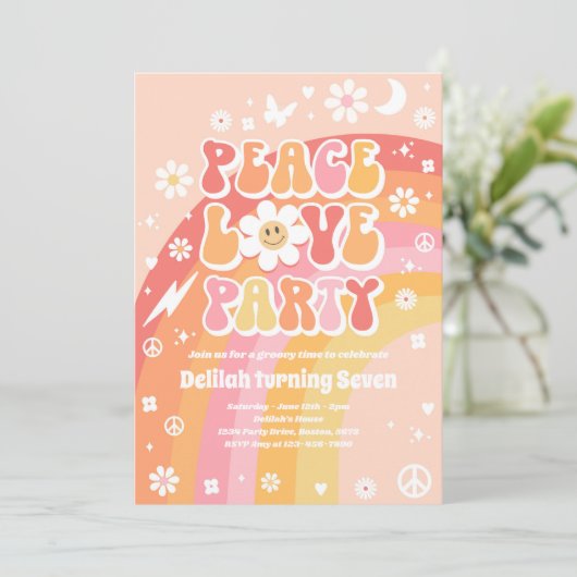 Peace Liebe Party Hippie Rainbow 70er Birthday Par Einladung (Stehend Vorderseite)