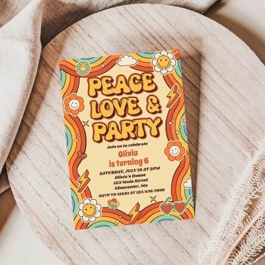 Peace Liebe Party Retro Rainbow 6. Einladung