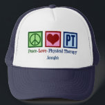 Peace Liebe Physikalische Therapie Personalisiert  Truckerkappe<br><div class="desc">Dieser niedliche,  maßgeschneiderte Physiotherapeut verfügt über ein hübsches Friedenszeichen,  Herz und Buchstaben PT. Eine wunderschöne,  personalisierte Physiotherapie. Peace Liebe Physical Therapy Cap.</div>
