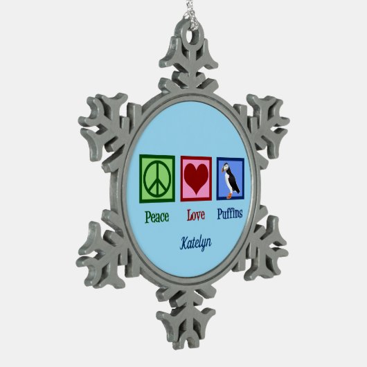 Peace Liebe Puffins Niedliches Blue Puffin Schneeflocken Zinn-Ornament (Links)