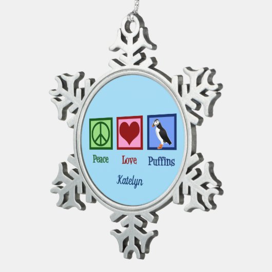 Peace Liebe Puffins Niedliches Blue Puffin Schneeflocken Zinn-Ornament (Rechts)