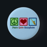 Peace Liebe Saxophon Niedlich Blue Button<br><div class="desc">Ein niedliches blaues Saxgerät mit einem Friedenszeichen,  Herz und Saxophon. Cool Peace Liebe Saxophones Taste.</div>