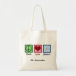 Peace Liebe Science Teacher Personalisiert Tragetasche<br><div class="desc">Cooles Geschenk für einen Naturwissenschaftslehrer,  Wissenschaftler oder einfach nur einen Geek dieser Liebe,  um zu lernen,  wie die Welt funktioniert. Niedliche Peace Liebe Science Design mit einem Friedenszeichen,  Herz und Atom-Modell.</div>