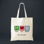 Peace Liebe Science Teacher Personalisiert Tragetasche<br><div class="desc">Cooles Geschenk für einen Naturwissenschaftslehrer,  Wissenschaftler oder einfach nur einen Geek dieser Liebe,  um zu lernen,  wie die Welt funktioniert. Niedliche Peace Liebe Science Design mit einem Friedenszeichen,  Herz und Atom-Modell.</div>