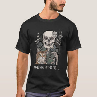 Peace Liebe Skull and Cat Halloween Skelett Lächel T-Shirt