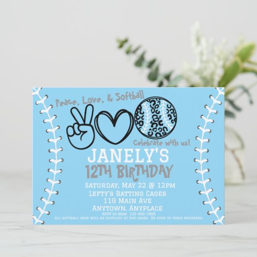 Peace Liebe Softball Einladung zum Geburtstag (Stehend Vorderseite)