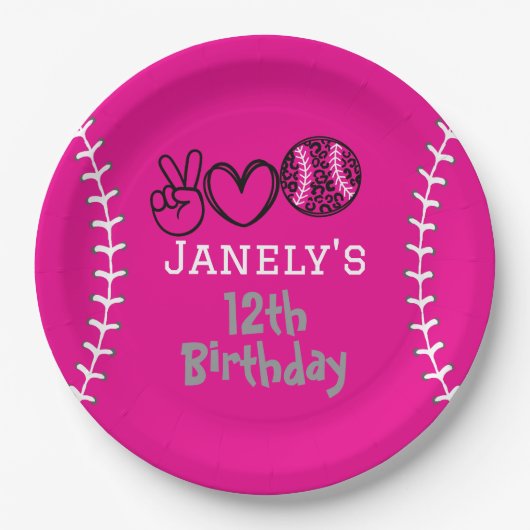 Peace Liebe Softball Geburtstag Pappteller (Vorderseite)