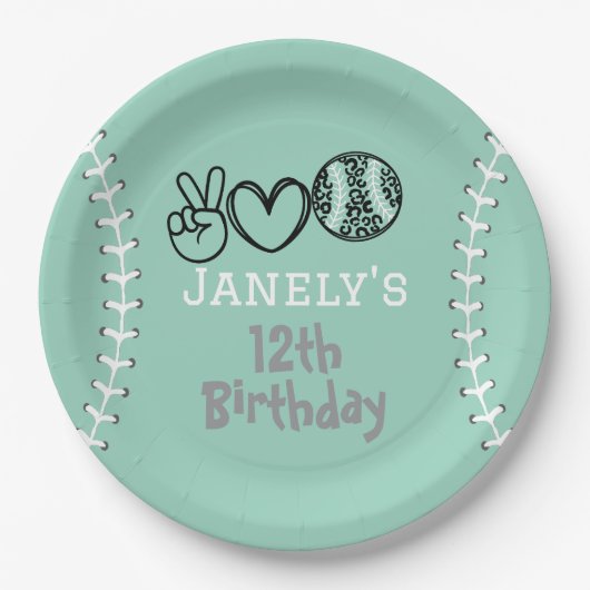 Peace Liebe Softball Geburtstag Pappteller (Vorderseite)