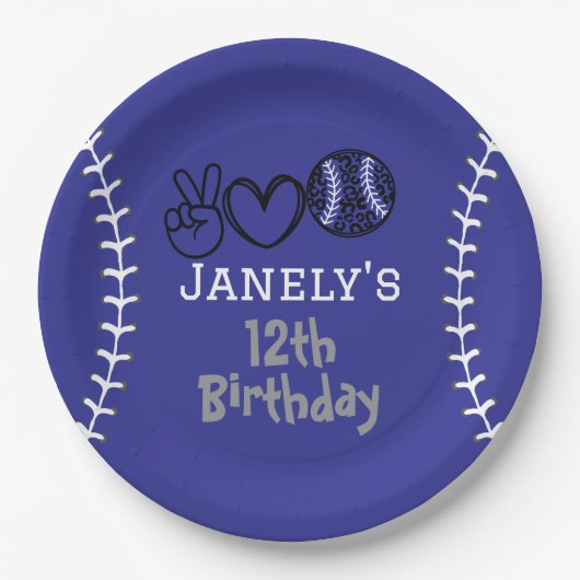 Peace Liebe Softball Geburtstag Pappteller (Vorderseite)