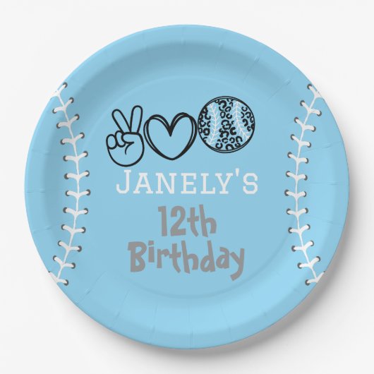 Peace Liebe Softball Geburtstag Pappteller (Vorderseite)