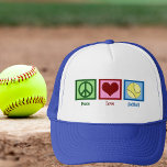 Peace Liebe Softball Player Truckerkappe<br><div class="desc">Peace Liebe Softball Geschenk. Ein Friedenszeichen,  ein Herz und ein Softball. Ein cooles Geschenk für einen Softballspieler.</div>
