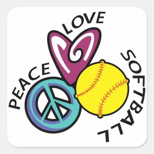Peace Liebe Softball Quadratischer Aufkleber (Vorderseite)