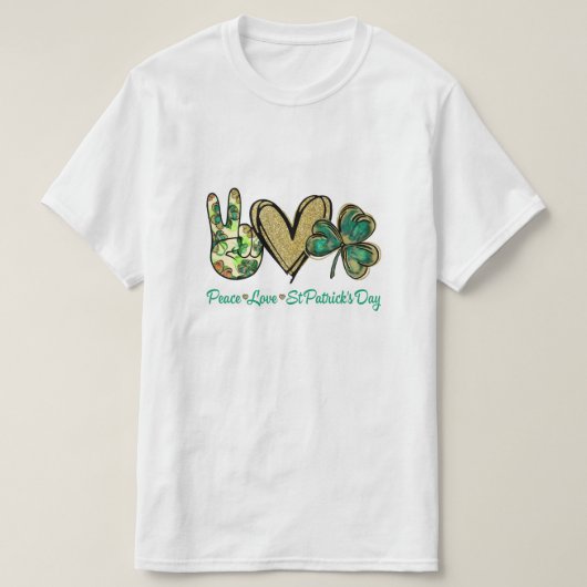 Peace Liebe St Patricks Day Glitzer Kleeblatt Frau T-Shirt (Design vorne)