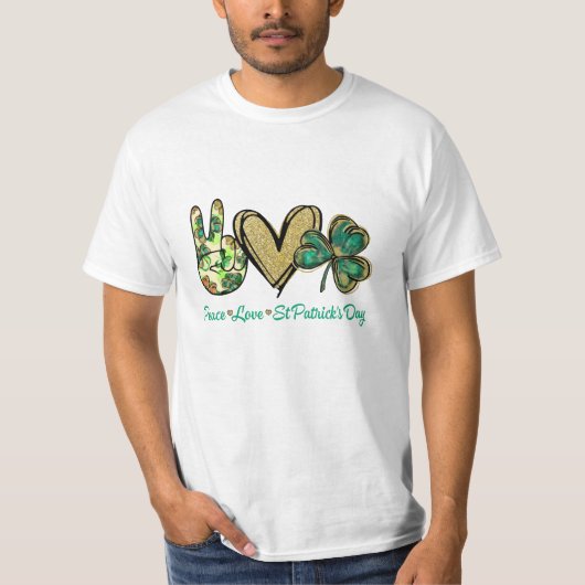 Peace Liebe St Patricks Day Glitzer Kleeblatt Frau T-Shirt (Vorderseite)