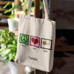 Peace Liebe Strick Personalisiertes Sprechen Tragetasche<br><div class="desc">Peace Liebe Knettote Tasche für einen Stricker. Nadeln und Garn greifen und dieses niedliche Strick-Geschenk personalisieren.</div>