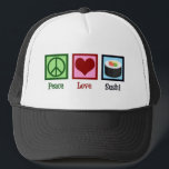 Peace Liebe Sushi Truckerkappe<br><div class="desc">Peace Liebe Sushi. Ein niedliches Sushi-Lieblingsgeschenk für einen japanischen Fan,  der gerne rohen Fisch isst.</div>