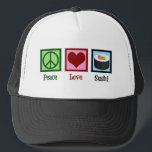 Peace Liebe Sushi Truckerkappe<br><div class="desc">Peace Liebe Sushi. Ein niedliches Sushi-Lieblingsgeschenk für einen japanischen Fan, der gerne rohen Fisch isst.</div>