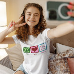 Peace Liebe Sweet 16 Niedliche 16. Geburtstagskart T-Shirt<br><div class="desc">Ein niedliches 16. Geburtstagsgeschenk für ein Teenagermädchen mit einem großen sechzehnten Geburtstagsbash. Friedenszeichen,  Herz und die Nummer 16. Peace Liebe 16 . Geburtstag in hübschem Rosa und Blau.</div>