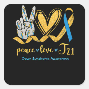 Peace Liebe T21 Blue Yellow Ribbon-Down-Syndrom Quadratischer Aufkleber
