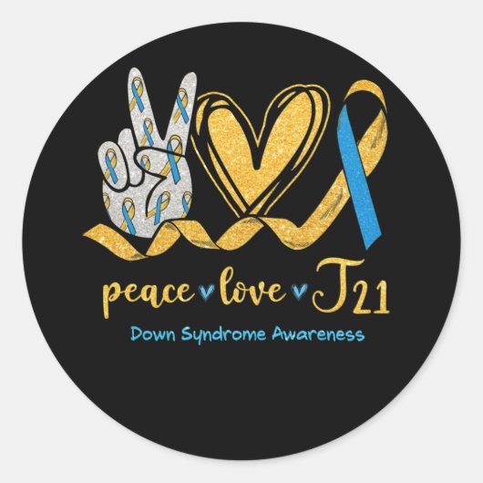 Peace Liebe T21 Blue Yellow Ribbon-Down-Syndrom Runder Aufkleber (Vorderseite)