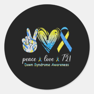 Peace Liebe T21 Down Syndrome Awareness Blue Yello Runder Aufkleber