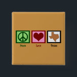 Peace Liebe Texas Button<br><div class="desc">Ein Friedenszeichen, Herz und der orangefarbene Staat von Texas.</div>