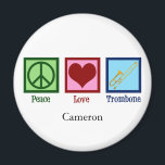 Peace Liebe Trombone Player Niedlich Custom Magnet<br><div class="desc">Custom Peace Liebe Trombone Magnet für ein Mitglied der Marching Band,  die Lieben spielen ein Messinginstrument. Ein niedliches Friedenszeichen,  Herz und Posaune auf einem personalisierten Geschenk.</div>