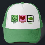 Peace Liebe Turtles Truckerkappe<br><div class="desc">Ein grünes Friedenszeichen,  ein Herz und eine bezaubernde Schildkröte.</div>