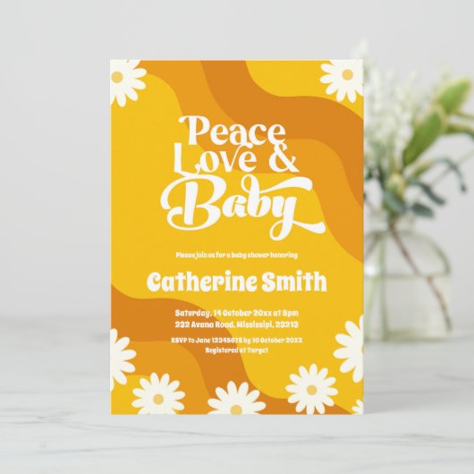 Peace Liebe und Baby Retro Baby Dusche Einladung (Stehend Vorderseite)
