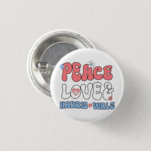 Peace Liebe und Harris Walz Retro Hippie Style Button (Vorne & Hinten)