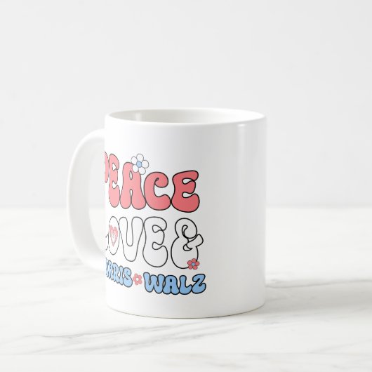 Peace Liebe und Harris Walz Retro Hippie Style Kaffeetasse (Vorderseite Links)