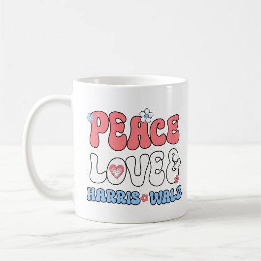 Peace Liebe und Harris Walz Retro Hippie Style Kaffeetasse (Links)
