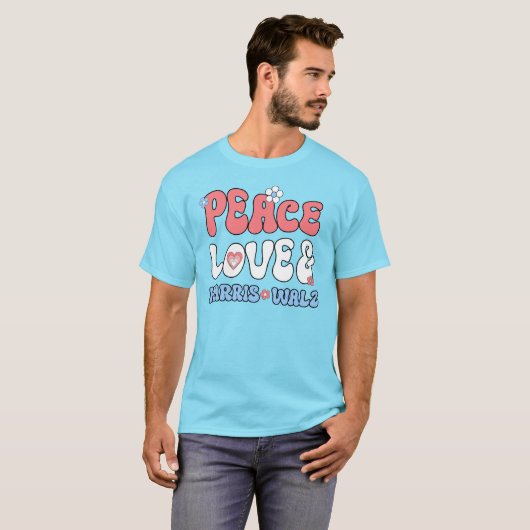Peace Liebe und Harris Walz Retro Hippie Style T-Shirt (Vorne ganz)