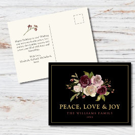 Peace Liebe und Joy Winter Bouquet Black Feiertagspostkarte