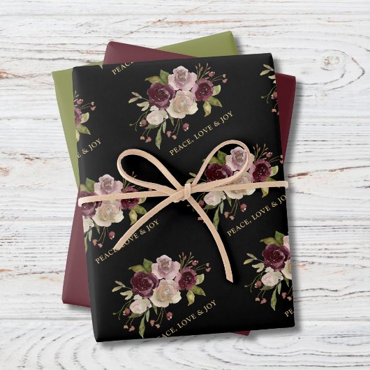 Peace Liebe und Joy Winter Bouquet Black Holiday Geschenkpapier Set
