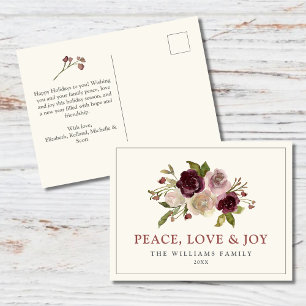 Peace Liebe und Joy Winter Bouquet Feiertagspostkarte