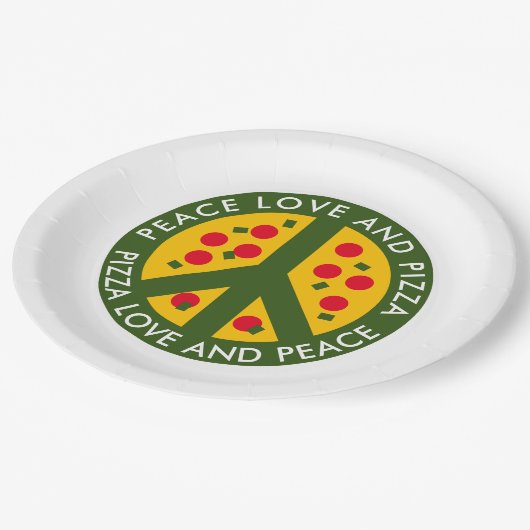 Peace Liebe und Pizza lustige Einweg-Party-Teller Pappteller (Schrägansicht)