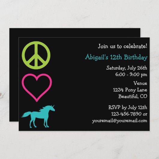 Peace Liebe Unicorns Girl's Birthday Einladung (Vorne/Hinten)