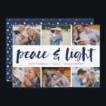 Peace & Light | Hanukkah Photo Collage Feiertagskarte<br><div class="desc">Share six favorite photos with our bright and festive Hanukkah holiday card. "Peace and Light" appears in the center in hand lettered brush typography,  with your holiday greeting,  names,  and the year beneath.</div>