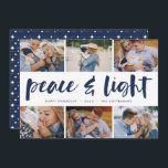 Peace & Light | Hanukkah Photo Collage Feiertagskarte<br><div class="desc">Share six favorite photos with our bright and festive Hanukkah holiday card. "Peace and Light" appears in the center in hand lettered brush typography,  with your holiday greeting,  names,  and the year beneath.</div>