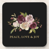 Peace Love and Joy Winter Bouquet Black Holiday Getränkeuntersetzer (Vorderseite)