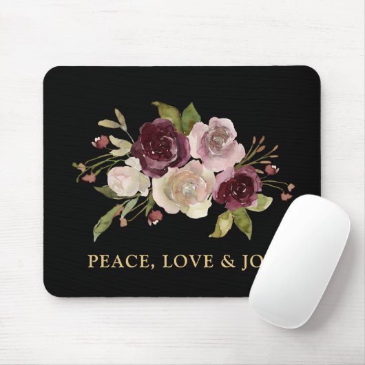 Peace Love and Joy Winter Bouquet Black Holiday Mousepad (Mit Mouse)