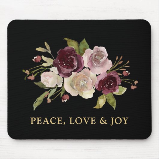 Peace Love and Joy Winter Bouquet Black Holiday Mousepad (Vorne)