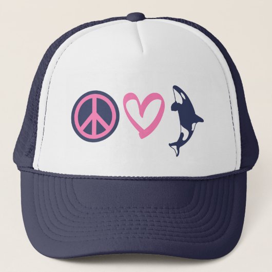 Peace, Love, and Orcas Truckerkappe (Vorderseite)