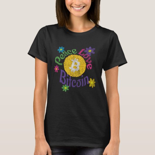 Peace Love Bitcoin  Distressed Flower Power Crypto T-Shirt (Vorderseite)