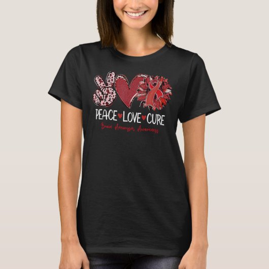 Peace Love Cure Sunflower Burgundy Ribbon Brain An T-Shirt (Vorderseite)