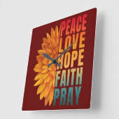 peace love hope faith pray quadratische wanduhr (Winkel)